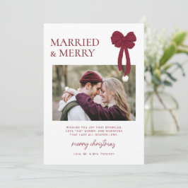 Married & Merry Burgundy Bow Photo Newlyweds Julkort