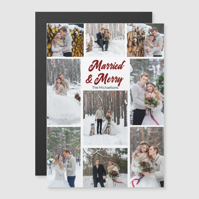 Married & Merry Christmas Photo Collage Magnet (Fram/baksida)