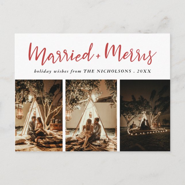 Married & Merry Elegant Red Mutli Photo Helgdag Helg Vykort (Framsida)