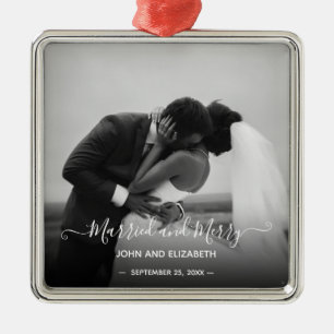 Married Merry First jul Black White Photo Ce Julgransprydnad Metall