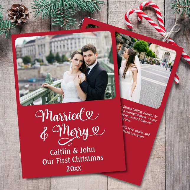 Married Merry Newlyweds 1:a juldagen Anpassningsba Julkort (Married & Merry, Our First Christmas custom greeting card in red with two photos and greeting.)