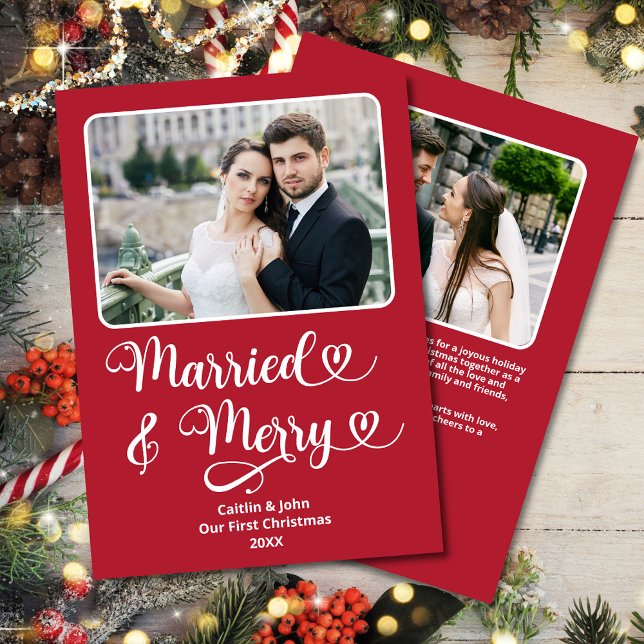 Married Merry Newlyweds 1:a Julen Red Hearts (Married & Merry Custom 2-Photo Christmas Card with Hearts and personalized message on the back.)
