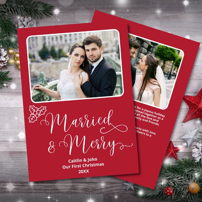Married Merry Newlyweds 1:a juljuren Red Holly Julkort (Married & Merry Custom 2-Photo Christmas Card in Red with Holly,  personalized message on the back.)