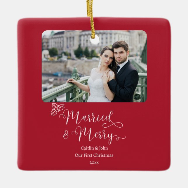 Married Merry Newlyweds First jul Red Photo Julgransprydnad Keramik (Framsida)