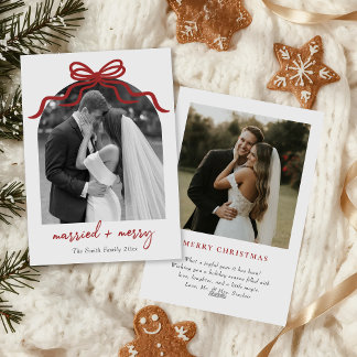 Married & Merry Red Bow Arch Photo Christmas Julkort