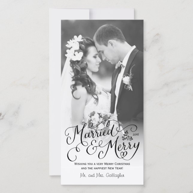 Married och Merry Hand Lettered White Helgdag Julkort (Framsida)