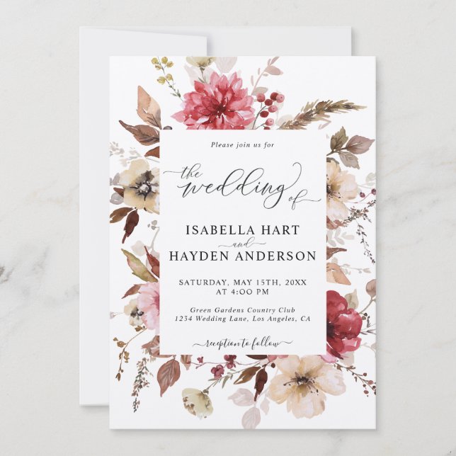 Marron Red  Rosa alla i 1 QR-kod Bröllop Inbjudningar (Framsida)