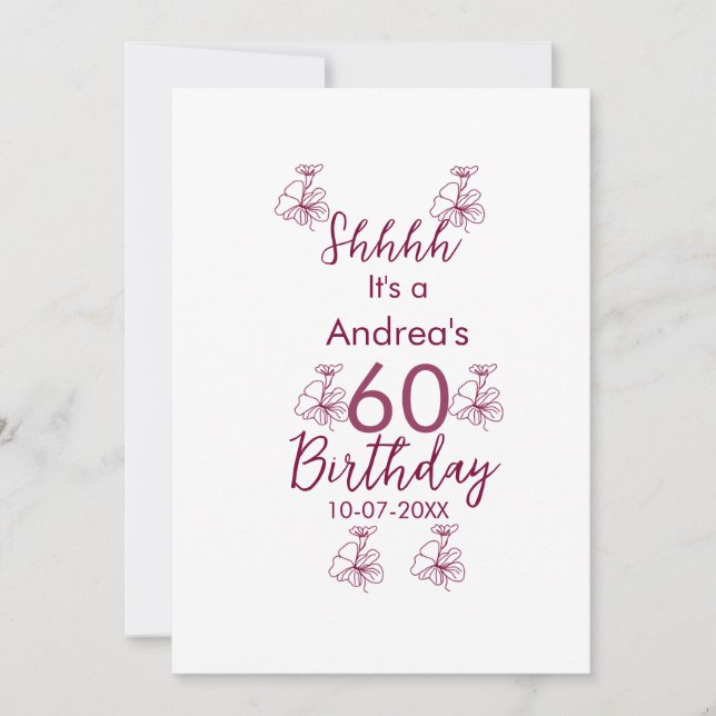 Marron white mauve shhh 60-årsdagen blommigt namn inbjudningar (Framsida)
