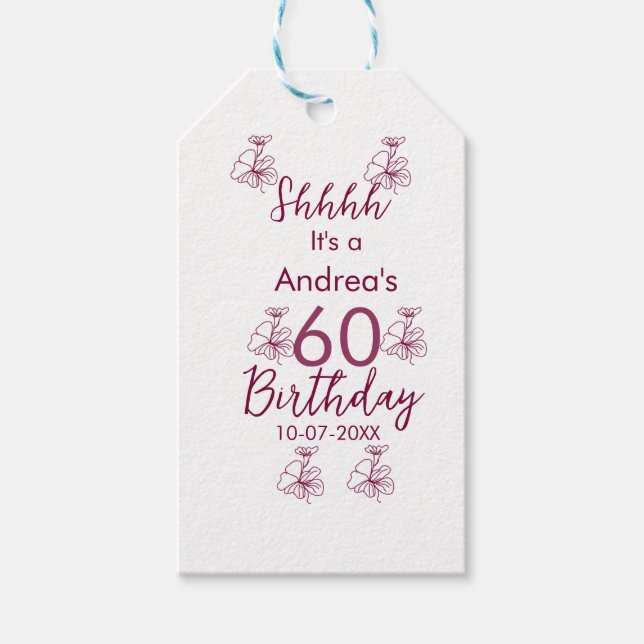 Marron white mauve shhh 60-årsdagen blommigt namn presentetikett (Framsidan)