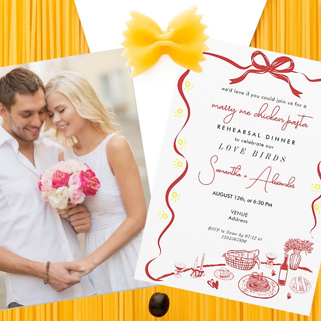 Marry Me Chicken Pasta R Bröllop Rehearsal Dinner Inbjudningar (Marry Me Chicken Pasta Red Couple Engagement Italian Wedding Rehearsal Dinner Brunch Invitation )