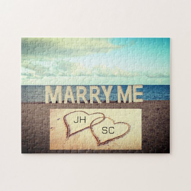 Marry Me Heart Initialer Beach Giftermål Frieri Pussel (Horisontell)