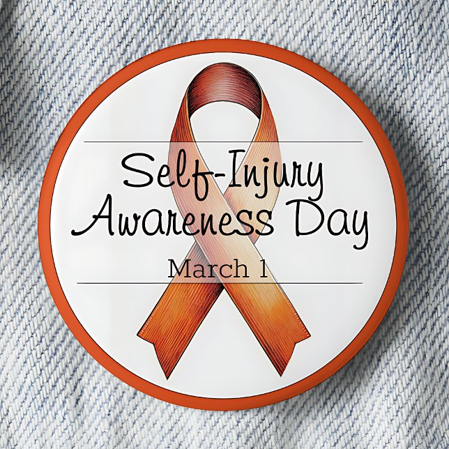 Mars 1 dag för medvetandegörande om självskada knapp (Self-Injury Awareness Day.  March 1. Orange Awareness Ribbon. Pinback button.)