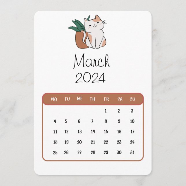 Mars 2024 Ställande Ensam - kalender för katt och  Meny (Framsida)