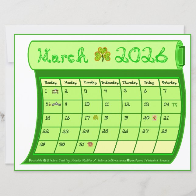 Mars 2026 Månad Grön Kalender Tyg Font Papper  (Framsida)
