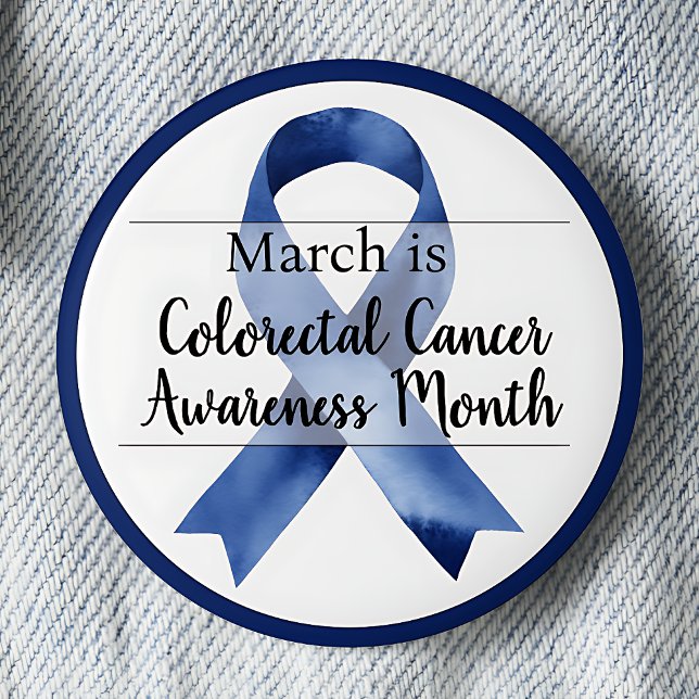 Mars är medvetenhetsmånad för kolorektalcancer knapp (Blue awareness ribbon. March is Colorectal Cancer Awareness Month pinback button.)