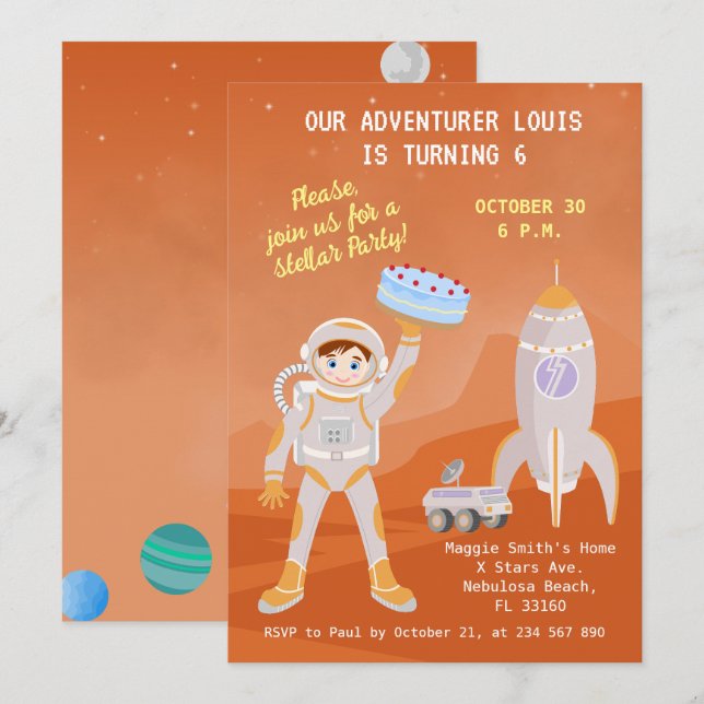Mars-astronaut pojke temaföddelsedagsfest inbjudningar (Fram/baksida)