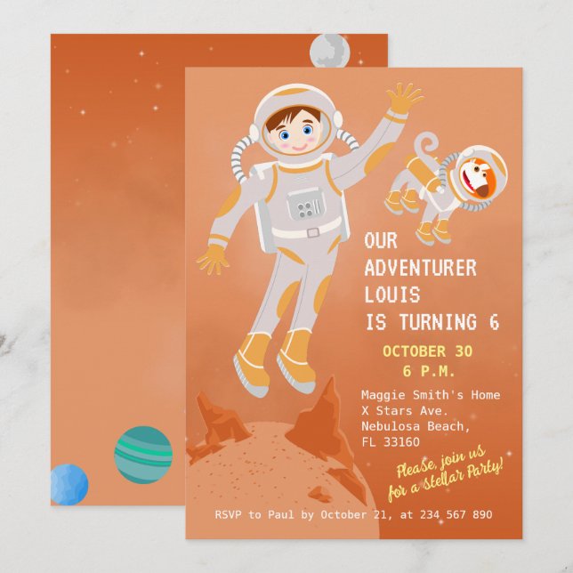 Mars-astronaut pojke temaföddelsedagsfest inbjudningar (Fram/baksida)
