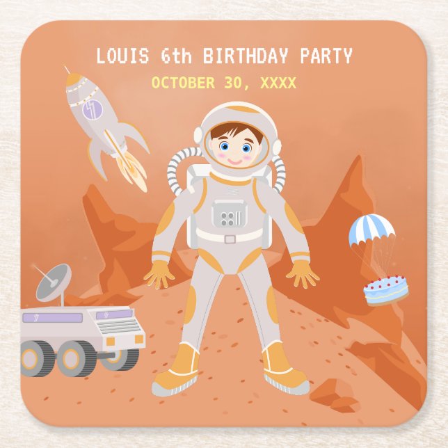 Mars astronaut-pojken, temat födelsedagsfest underlägg papper kvadrat (Framsidan)