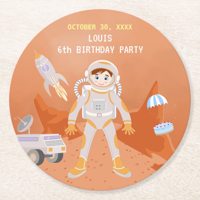 Mars astronaut-pojken, temat födelsedagsfest underlägg papper rund (Framsidan)