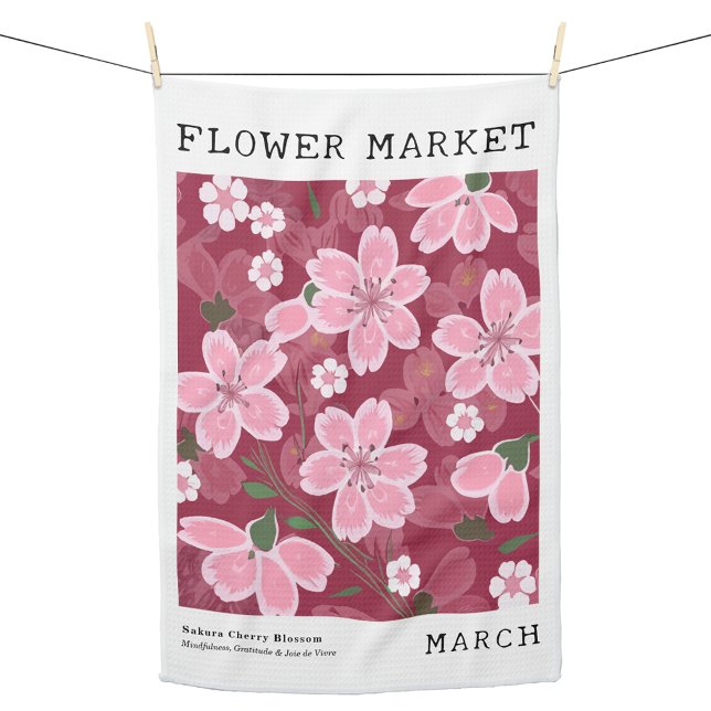 Mars Birkeland Flower Market Rosa Sakura Cherry Pr Kökshandduk (Personalized March Birth Flower Market Kitchen Towel, Custom Floral Kitchen Towel, Sakura Cherry Art)