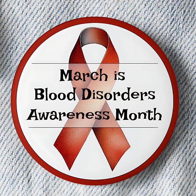 Mars Blodkärl Medvetenhet Månad Knapp (March is Blood Disorders Awareness Month pinback button. Red Awareness Ribbon.)