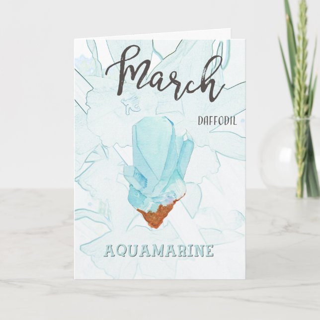 Mars födelsedag: Aquamarine Birthstone och Flower Kort (Framsida)