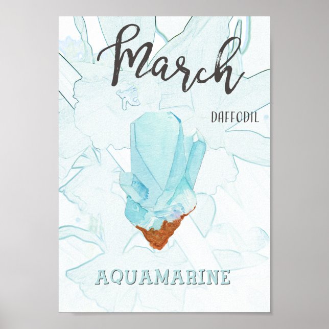 Mars födelsedag: Aquamarine Birthstone och Flower Poster (Framsidan)