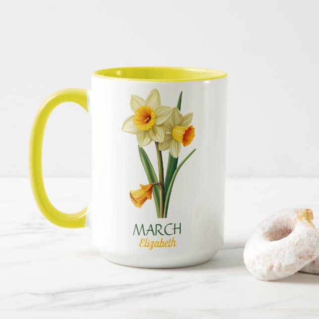 Mars födelsedag Daffodil Bird Flower Personlig Mugg (Med munk)
