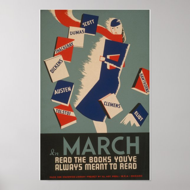 Mars Läsning Vintage WPA Affisch (Framsidan)