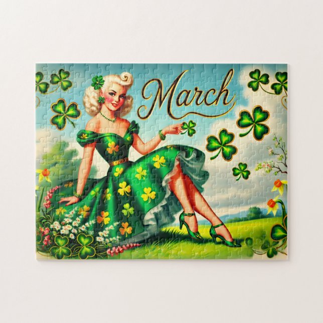 Mars Retro Pin-Up Flicka St. Patrick's Day Pussel (Horisontell)