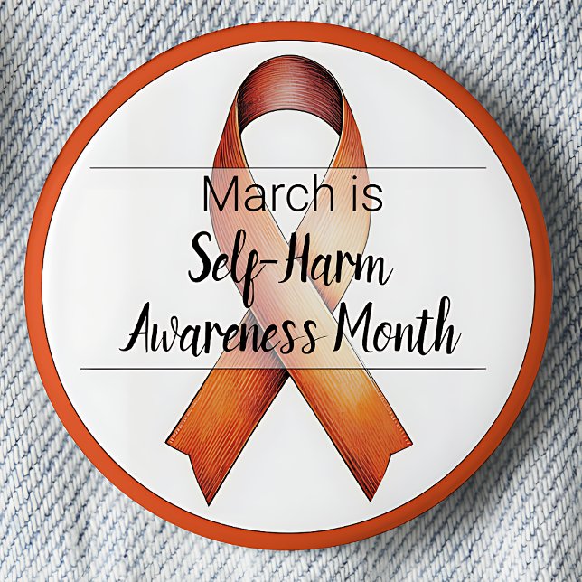 Mars självskadande månad knapp (March is Self-Harm Awareness Month pinback button. Orange Awareness ribbon.)