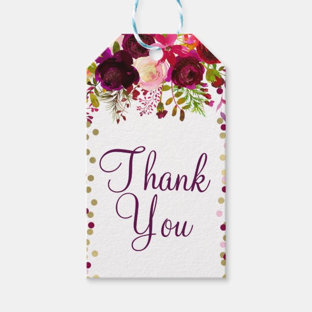 Marsal Rosa Blommig Guld Burgunder Bröllopsfest Presentetikett (Framsidan)