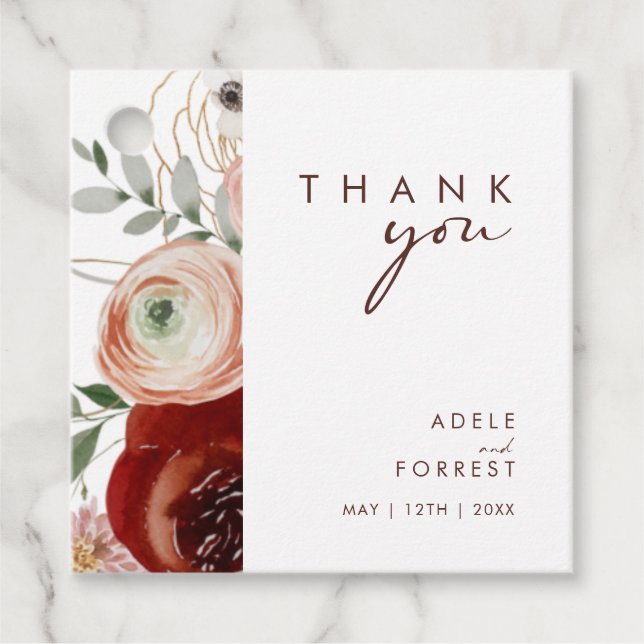 Marsala Autumn Blommigt | Vit Tack Gåvor Etiketter (Framsida)