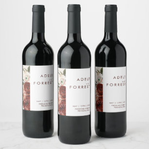 Marsala Autumn Blommigt   Vita Bröllop Vin-etikett Vinflaska Etikett