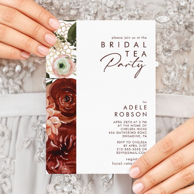 Marsala Autumn Blommigt | Vita Möhippan Tea Party Inbjudningar (Skapare uppladdad)