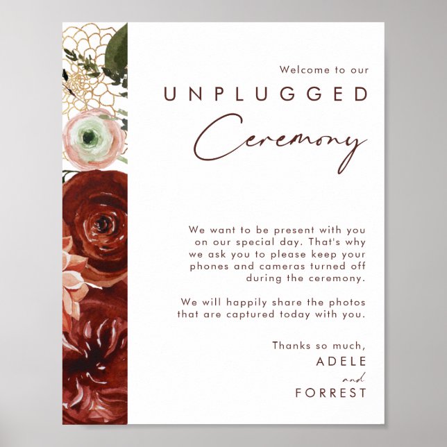 Marsala Autumn Blommigt | White Unplugged Ceremony Poster (Framsidan)