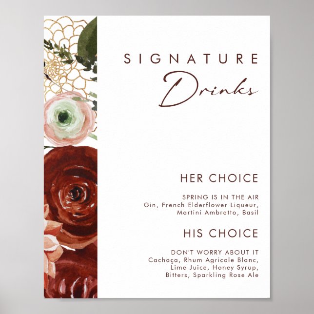 Marsala Autumn Floral | Signaturdrinkar skylt (Framsidan)