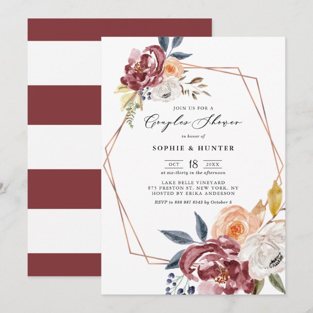 Marsala Autumn Flowers Geometric Par Shower Inbjudningar (Fram/baksida)