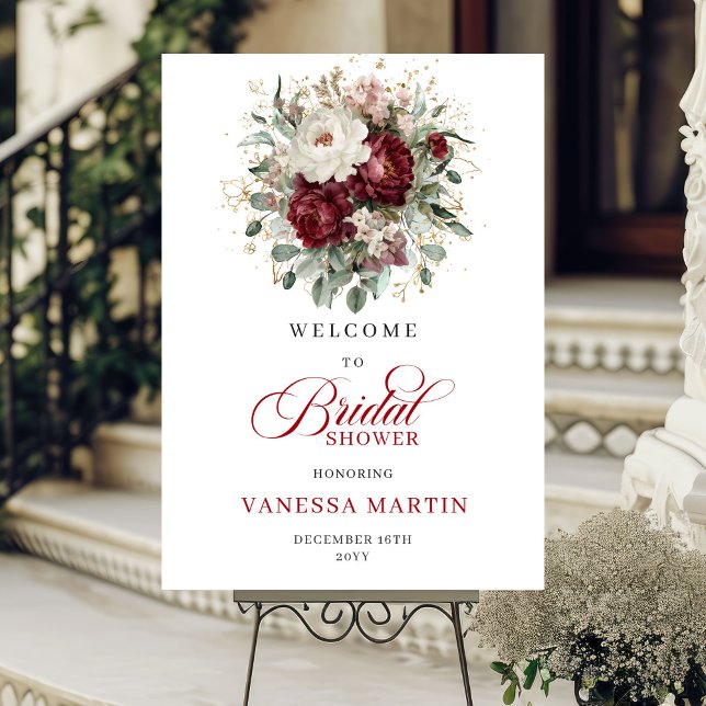 Marsala Blommig Eukalyptus Guld Bröllops Välkomsts Poster (Marsala Floral Eucalyptus Gold Bridal Welcome Sign

)