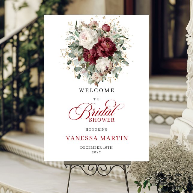 Marsala Blommig Grönska Bröllopsdusch Välkommen Poster (Marsala Floral Greenery Bridal Shower Welcome)