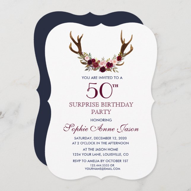 Marsala Blommigt Antlers Navy 50th Surprid Birthda Inbjudningar (Fram/baksida)