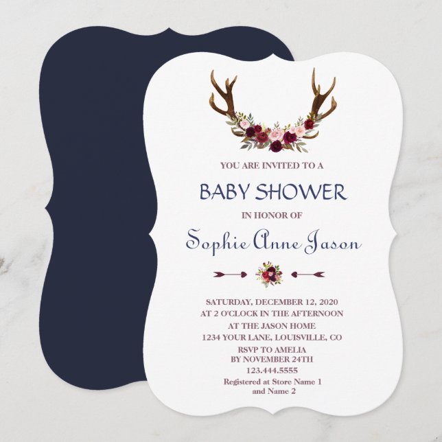 Marsala Blommigt Antlers Navy Blue Fall Baby Showe Inbjudningar (Fram/baksida)