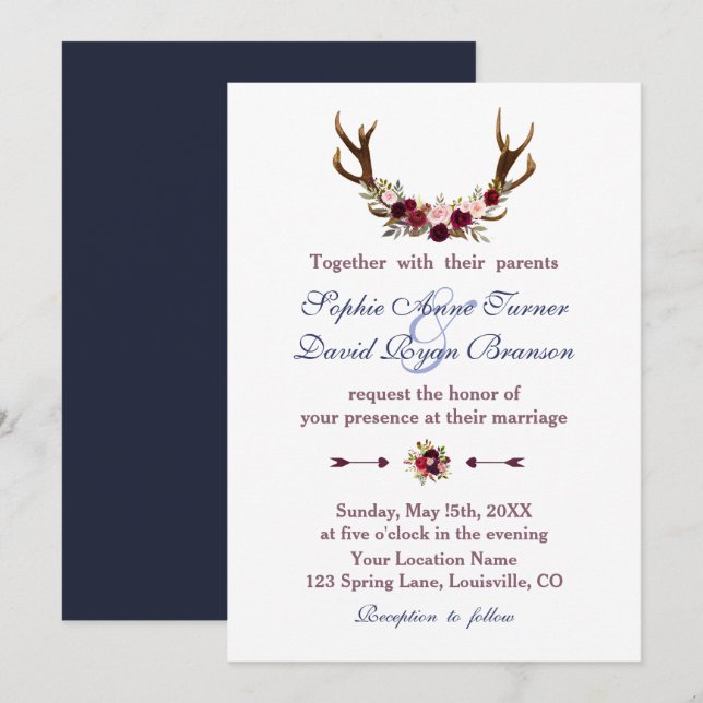 Marsala Blommigt Antlers Navy Blue Fall Wedding Inbjudningar (Fram/baksida)