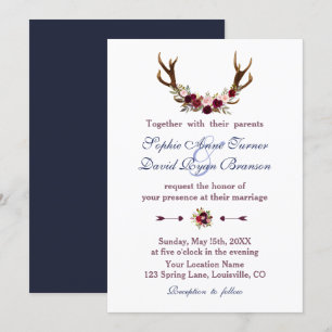 Marsala Blommigt Antlers Navy Blue Fall Wedding Inbjudningar