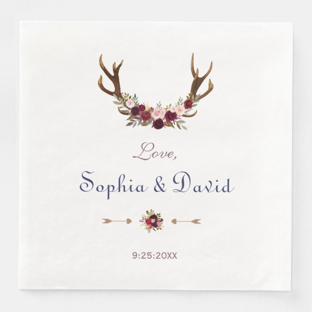 Marsala Blommigt Antlers Navy Blue Fall Wedding Pappersservett (Framsida)