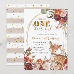 Marsala Blommigt en Hjort Ful Girl First Birthday Inbjudningar