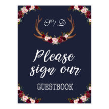 Marsala Blommigt Navy Blue Sign vårt Guestbook-tec