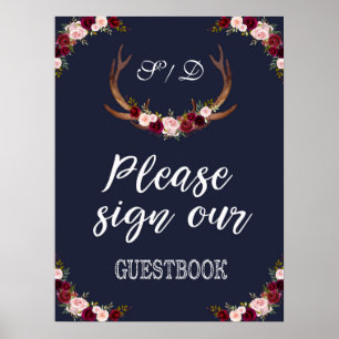Marsala Blommigt Navy Blue Sign vårt Guestbook-tec Poster