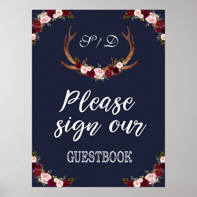 Marsala Blommigt Navy Blue Sign vårt Guestbook-tec Poster (Framsidan)