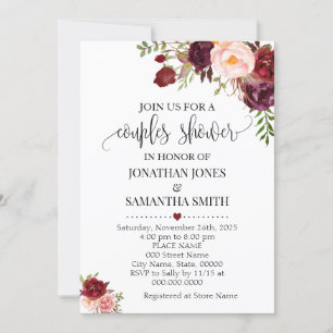 Marsala Blommigt Romantic Boho Chic Couple Shower Inbjudningar